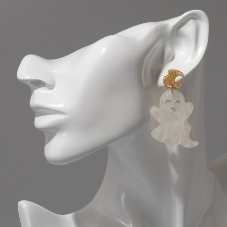 Acryl Earrings "Ghosts" sheets, white-golden color in silver-5