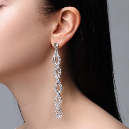 Hanging earrings with Hollywood rhinestones, white color in silver, 10.5 cm-3