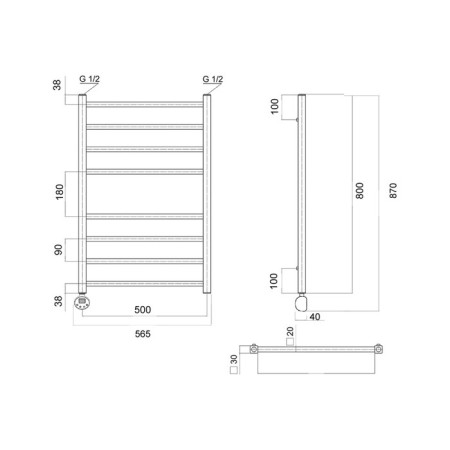 Domoterm electric heated towel rail "Quadro" P8, 500x800 mm, left, chrome-2