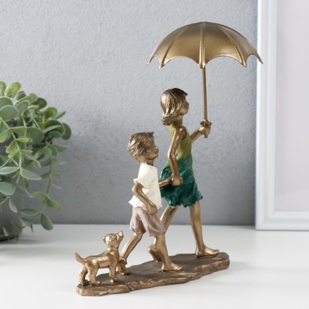 Polystone souvenir "Children walk under an umbrella, with a puppy" Bronze 18x9.5x21.5 cm-1