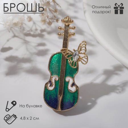 Brooch "Violin" with a butterfly, the color is blue-green in gold