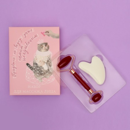 Facial massage set “Temptation”, 2 subjects: gua, bilateral rolller, pink/white color-5