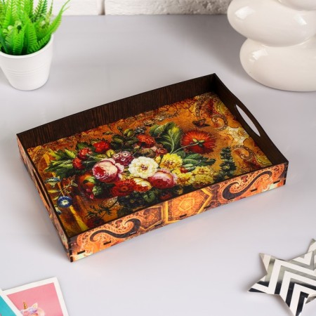 Tray with handles "Flowers", wooden, 30x20x4.5cm-1