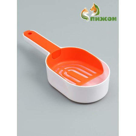 A scoop for cleaning a cat with a stand, 22 x 7 x 6 cm, white-orange