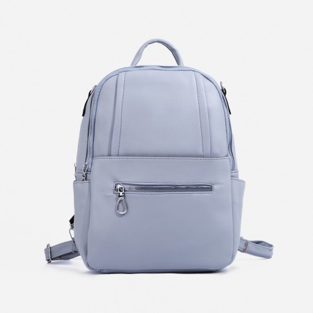 Women's backpack made of artificial leather with a zipper, 4 pockets, bag, gray-blue color-1