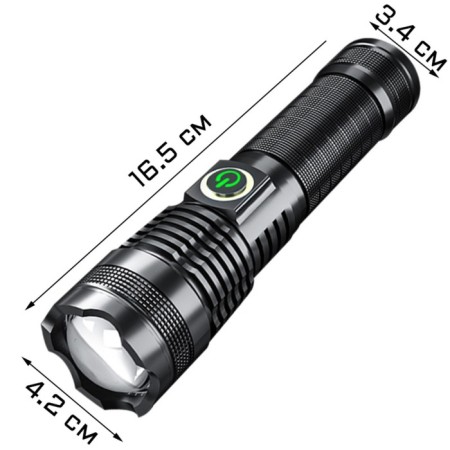 Manual battery flashlight, 10 W, 3500 mAh, LED P50, IP66, 16.5 x 4.2 x 3.4 cm, USB