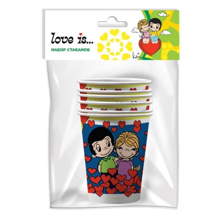A set of paper glasses Love IS, blue, 6 pcs., 250 ml-1