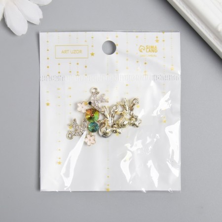 Decor for creativity metal, rhinestones, enamel "Bird with white flower" gold 2x2 cm-2