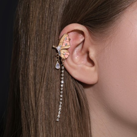 Earring "Kaff" butterfly in flight, white-pink color in gold