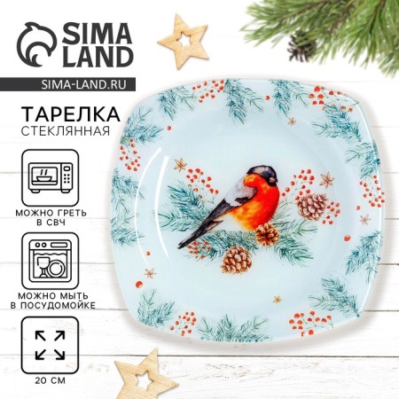 Plate flat New Year's expensive attention "bullfinch", 20 cm, glass