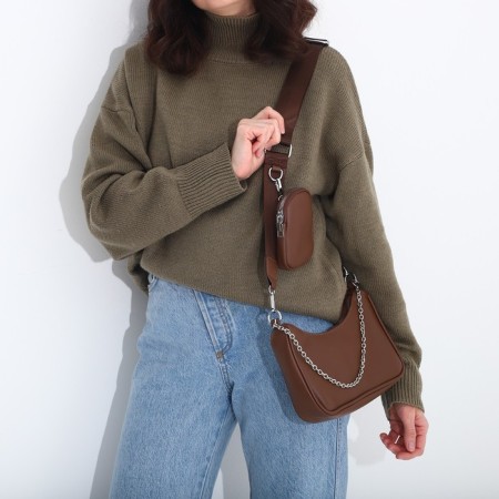 Baget bag with zipper, long belt, brown color-10
