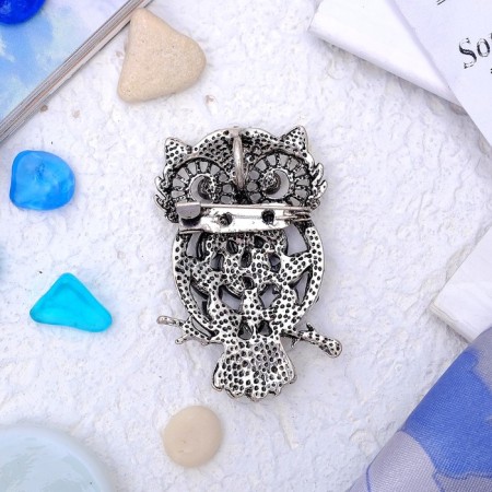 Galiotis brooch-column owl night, green color in black silver-1