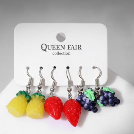 Set of earrings 3 pairs "Fruits" pineapple and berries, colored in silver-1