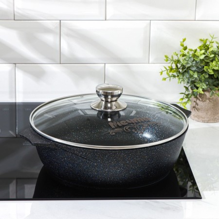Frying "granite Star", 4 l, d = 30 cm, glass cover, anti -stick coating, black color-4