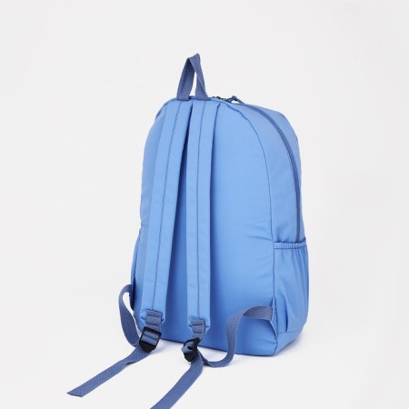 A backpack with a zipper, 4 external pockets, the color is light blue-1