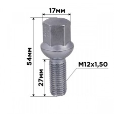 Wheel bolt, SkyWay, M12x1.50x27 Sphere, Key 17mm, Chrome, L = 54mm, set 20 pcs