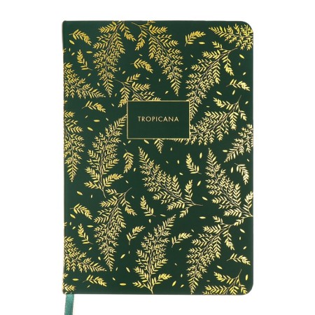 The diary is low, A5, 136 sheets, leatherette, Devente. Tropicana, solid cover, foil embossing, perforation, liesse, block 70%, dark green