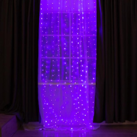 Garland "Curtain" 2.8 × 3 m dew on hooks, with a remote control, IP20, silver thread, 300 LED, purple purple, 8 modes, USB