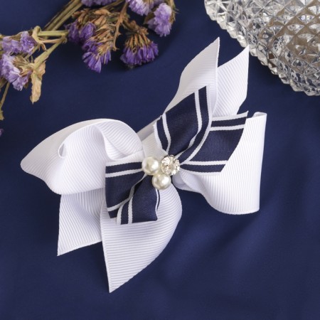Hair elastic band "Schoolgirl" Double bow blue beads, 10 cm, white-blue