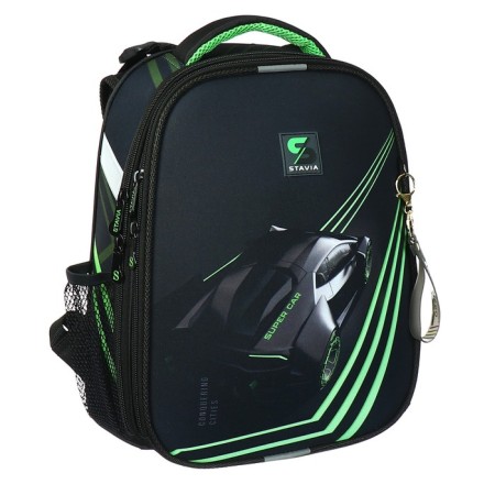 School backpack 38 x 30 x 16 cm, ergonomic back, Stavia "Super Car", black/green-1