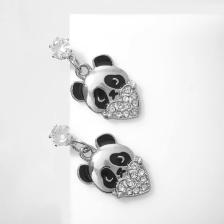 Emall earrings "Panda" with hearts, black and white color in silver