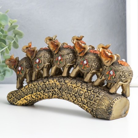 Polystone souvenir "Five elephants on a tusk with flowers" Bronze 20.5x4x11 cm-1