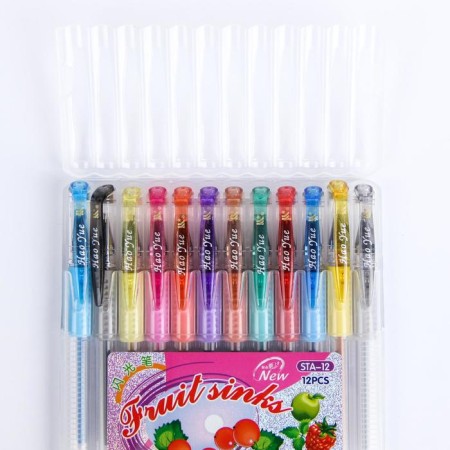 A set of gel pens, 12 colors, with sparkles, with a rubber holder, in a plastic box-2