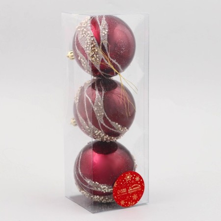 Set of balls plastic D-8 cm, 3 pcs "Fairytale patterns" waves, burgundy-1