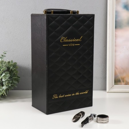 Casket Wood, leatherette for 2 bottles "Black Black" 4 items 34.5x19.5x12 cm-8