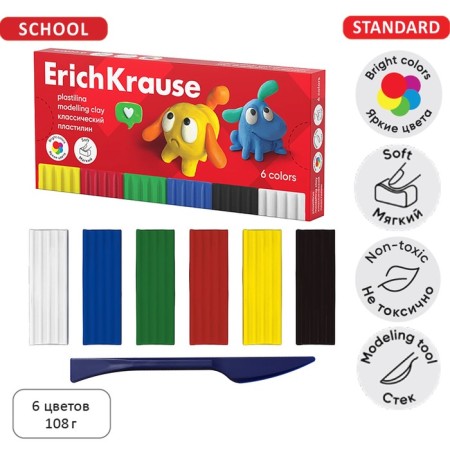Plasticine 6 colors, 108 g, Erichkrause "Jolly Friends", with a glass, in cardboard packaging
