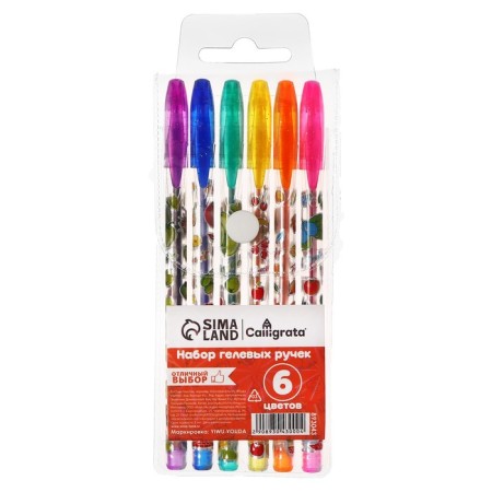 A set of gel pens, 6 colors, metallic, a body with a pattern, in a blister on a button-6