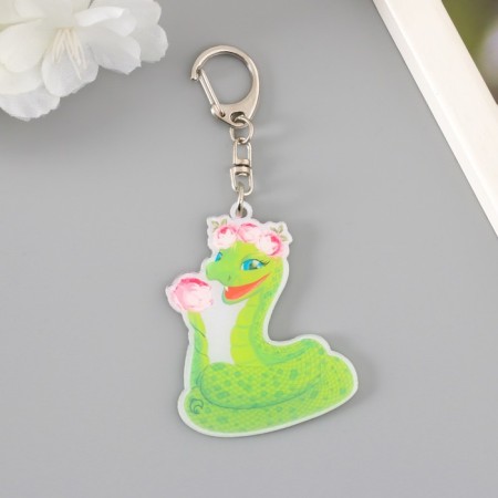 Acryl keychain "Snake with pink peonies" 6x4.7 cm