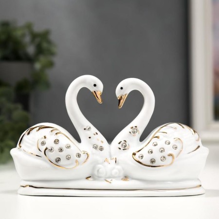 Souvenir ceramics "Two white swan in a pond" with gold, rhinestones 14 cm