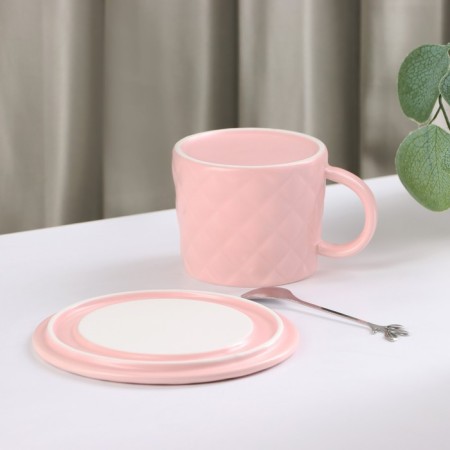 Tea couple ceramic with a spoon "Bow", 2 items: a mug 350 ml, a saucer d = 15 cm, pink color-3