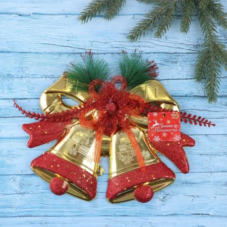 Decoration New Year's "double bell" with flower and twigs, 25x19 cm, golden red-2
