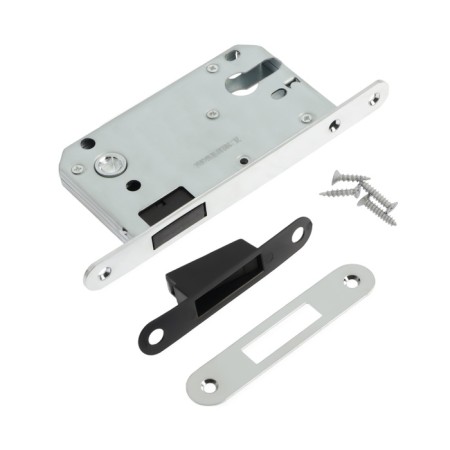 The latch is mortise magnetic, under the Lockland ZLK6CP cylinder, chromium color