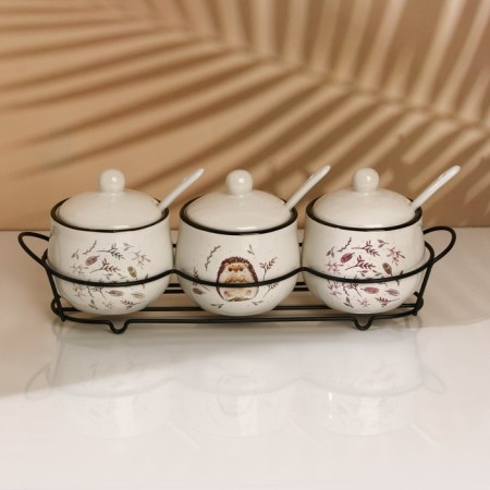 A set of ceramic cans for spices on a hedgehog metal stand, 200 ml, 3 pcs, white color-2