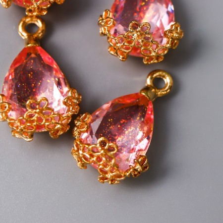 Decor for creativity plastic "drop with golden flowers" pink crystal 2x1.2 cm