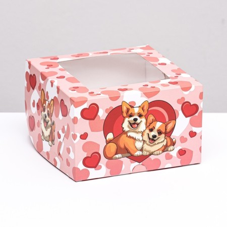 Packaging for 4 cupcakes with a window, pink "Corgi", 16 x 16 x 10 cm