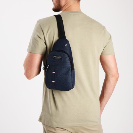 Male sling bag from textiles, headphone opening, blue color-6