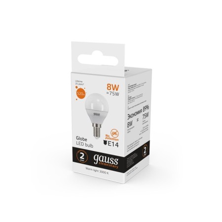 LED LED ELEMENTARY 8W ball 3000K TEP. Bel. E14 520lm Gauss 53118-3