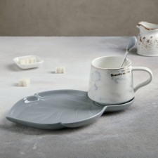 Tea couple ceramic “leaf”, 3 objects: a cup 320 ml, a saucer 25.5 × 16 cm, a spoon, color gray color