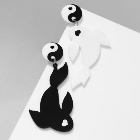 Earrings Acrylic "yin-yang" fish, black and white color in silver-1