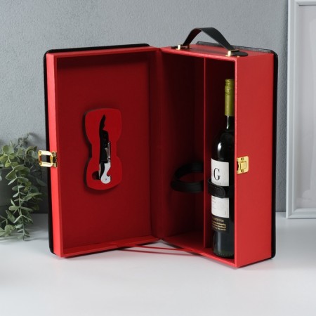 Casket wood, leatherette for 2 bottles "pleasure" black-red 1 object 12x21x36 cm-1