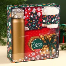 The set of “Fun in the new year”: tea with the taste of forest berries 50 g, cream-med cotton 120 g, peanuts in chocolate glaze, 100 g, socks of the rr: 36–39, thermos 500 ml.