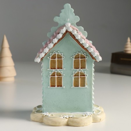 Polystone souvenir "Blue gingerbread house with pink roof" 13x13x20 cm-2