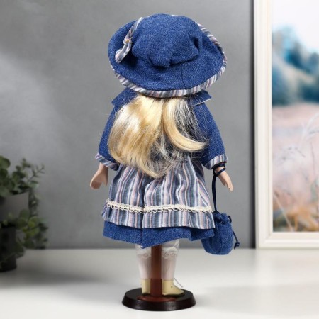 Doll Collectible Ceramics "Stasya in a blue striped dress and blue jacket" 40 cm-3