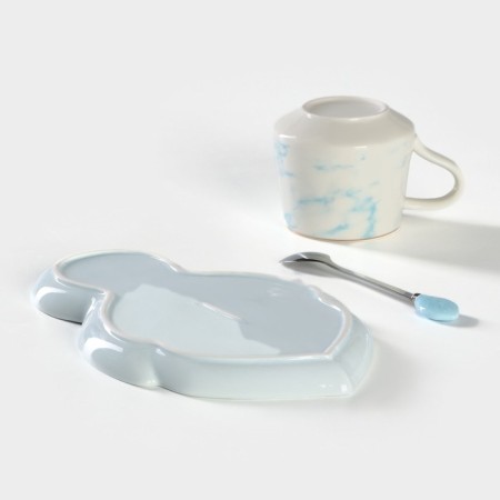 Tea couple ceramic "leaf", 3 objects: a cup 320 ml, a saucer 25.5 × 16 cm, a spoon, the color of the blue-6