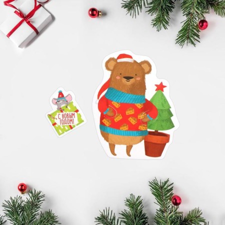 Congratulatory card "New Year" Bear with a Christmas tree, 7 x 9 cm, New Year-1
