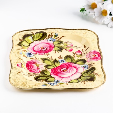 Zhostovsky tray "pink flowers", white, with copyright painting, 30x23 cm-1